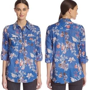 Jak Women's 100% Cotton Floral Button Down Shirt in Royal Made in USA Size XL